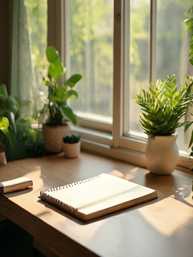 A calm workspace with a notebook and small plant by a bright window, representing our wellness-focused approach