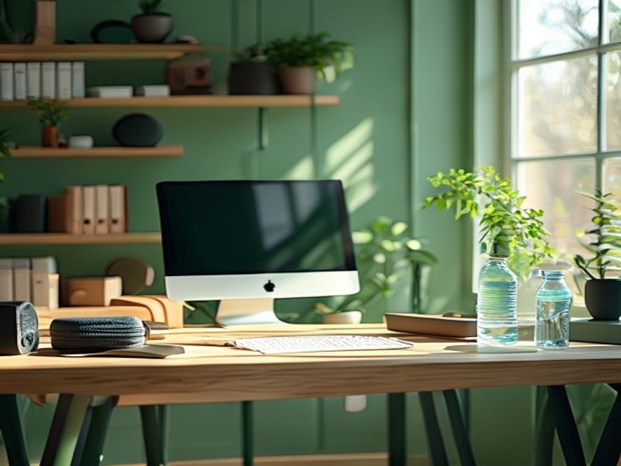 A well-organised desk setup with computer, plant, and space for movement breaks throughout the day
